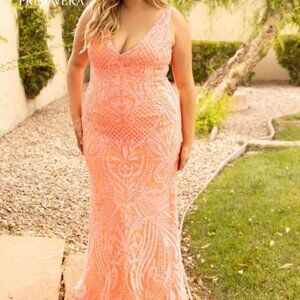 Primavera Couture Coral Beaded Prom Gown 14008